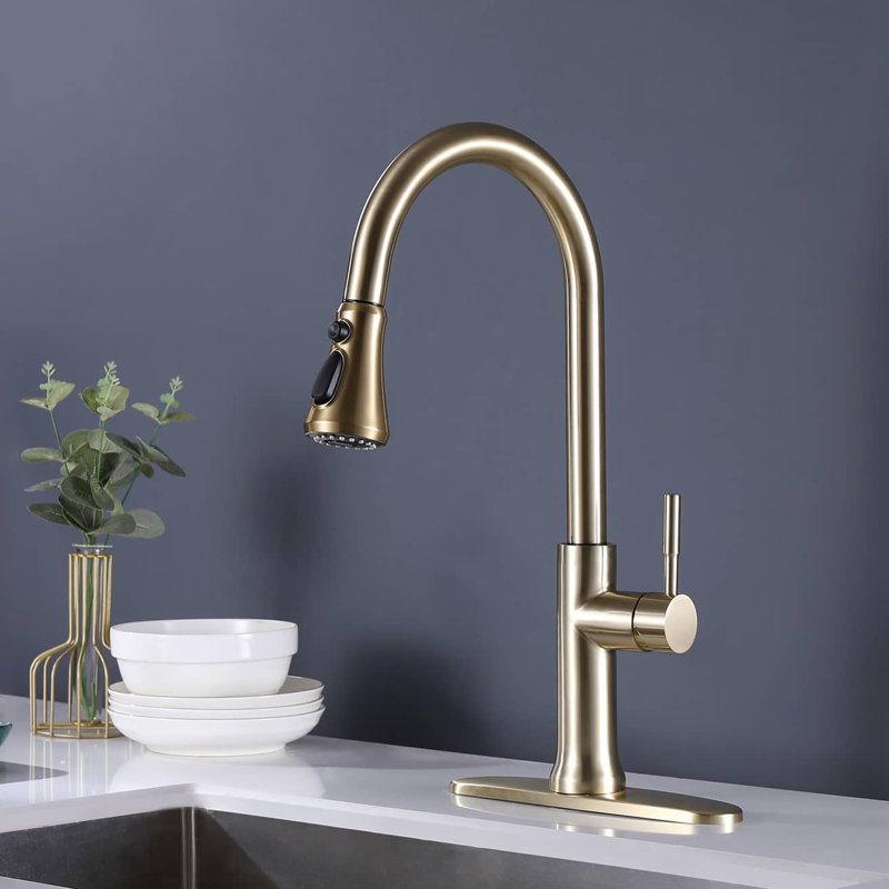 AWZTOO Brushed Gold Kitchen Faucet With Pull Down Sprayer Touch On